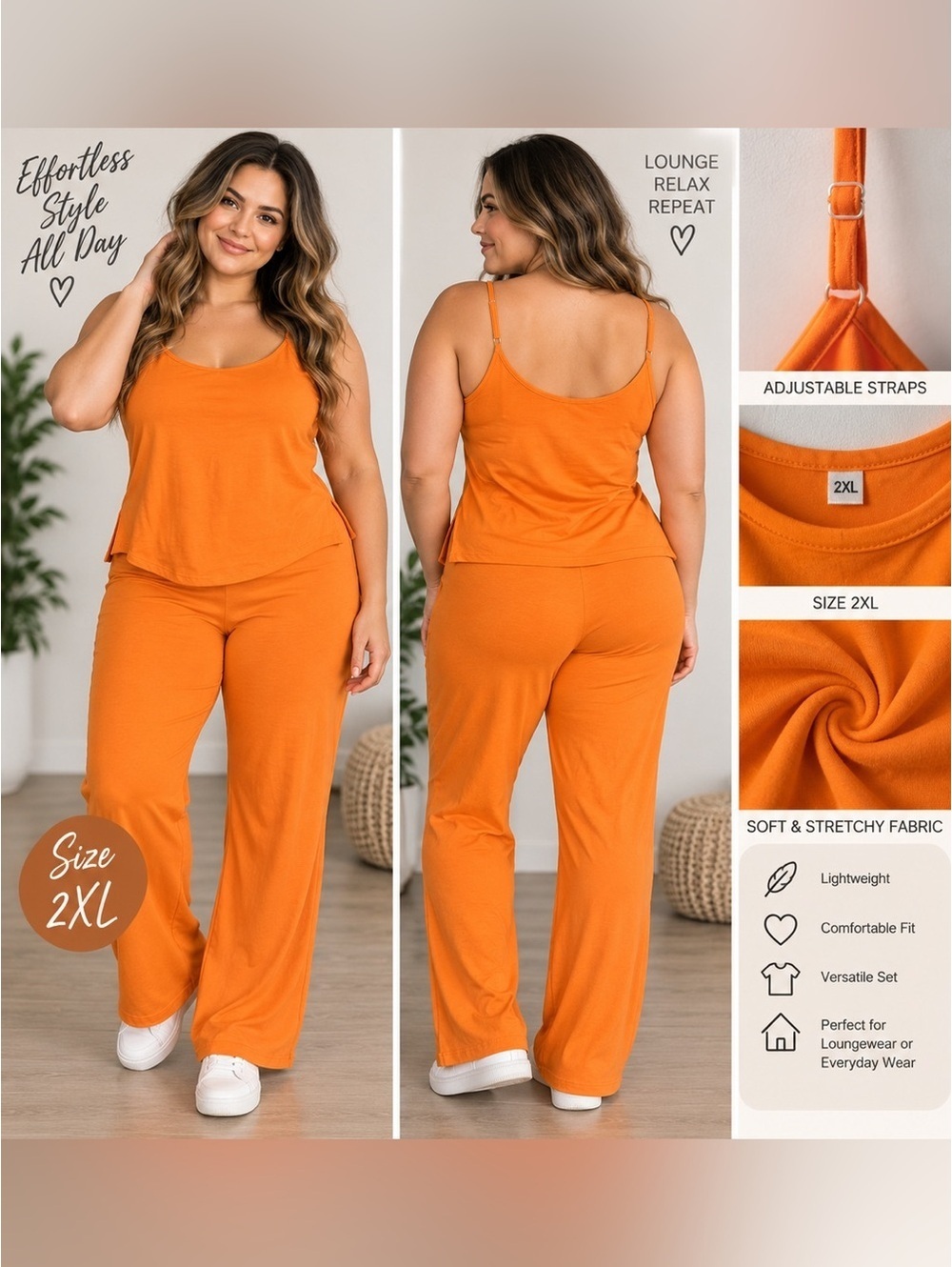 Women's Plus Orange Lounge Tank & Wide-Leg Pants Set